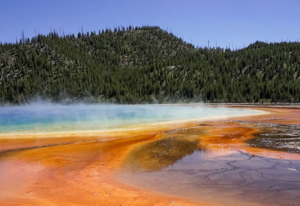 aturaufnahme einer heißen Quelle mit dampfendem Wasser und bunten Mineralablagerungen