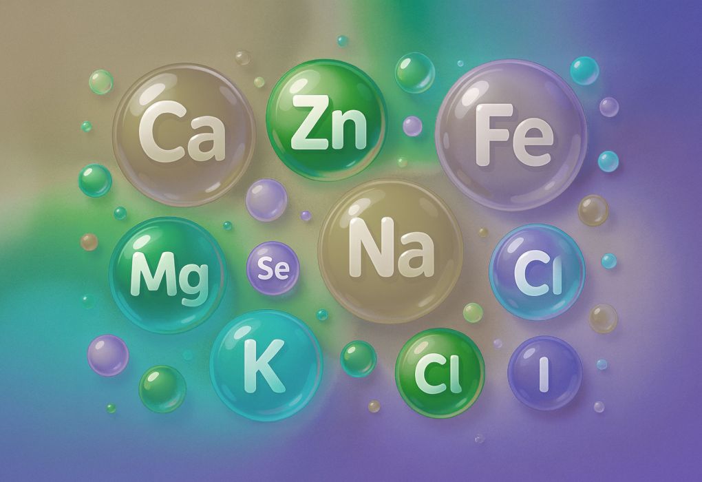 Grafische Darstellung von Element-Symbolen wie Zn, Fe und Mg auf farbigem Hintergrund.