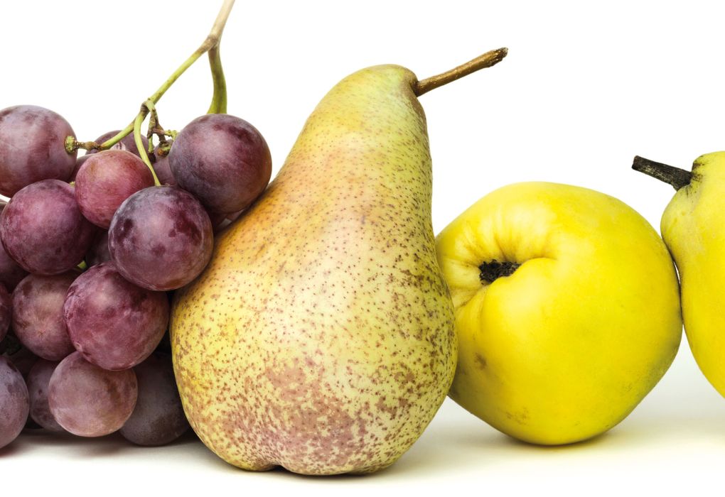 Verschiedene frische Früchte wie Birne, Apfel und Trauben auf hellem Hintergrund.