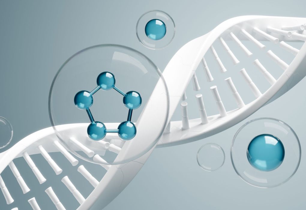 Illustration von DNA-Strang und Molekülstrukturen