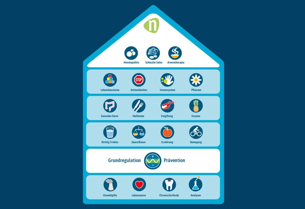 Grafische Darstellung eines Hauses mit Symbolen für Gesundheit und Balance.