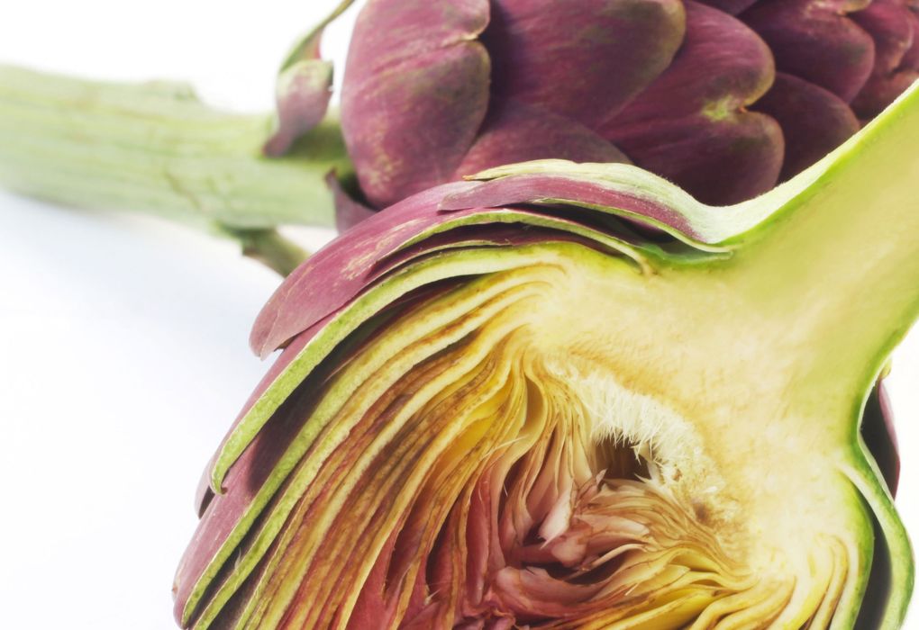 Nahaufnahme einer aufgeschnittenen Artischocke mit grünen und violetten Blättern.
