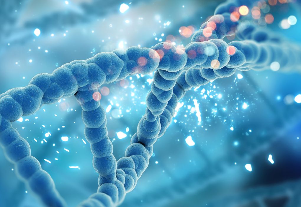 Molekulare Darstellung von DNA auf blauem Hintergrund.