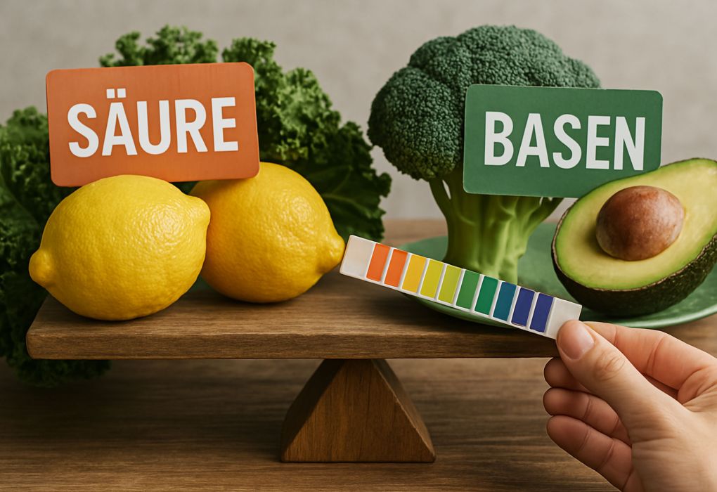 Lebensmittel wie Zitrone, Brokkoli und Avocado auf einer Waage mit Schildern „Säure“ und „Basen“