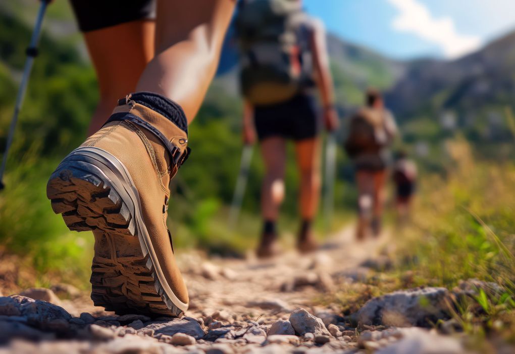 Wanderer in den Bergen auf steinigem Pfad