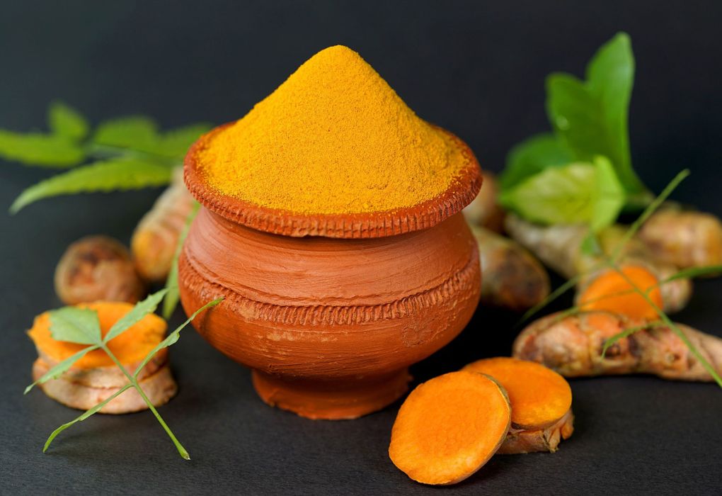 Schale mit gelbem Kurkuma-Pulver und frischen Kurkuma-Wurzeln.