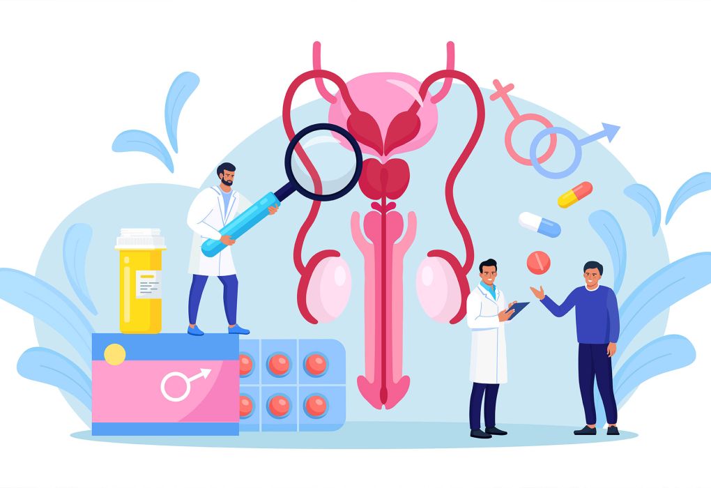 Wissenschaftliche Illustration von Forschenden mit riesiger DNA-Schleife und Laborgeräten