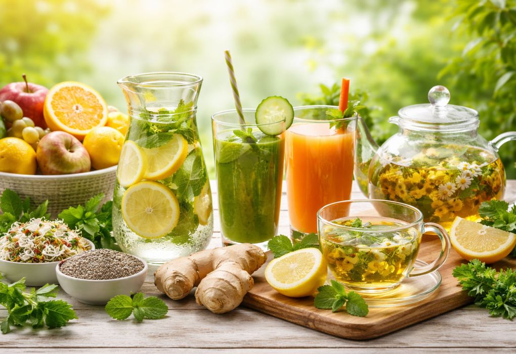 Gläser mit Saft und Teller mit Obst und Gemüse auf einem Tisch im Freien.