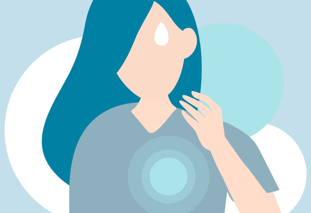 Gezeichnete Frau hält sich die schmerzende Wange, Symbol für Entzündung im Körper