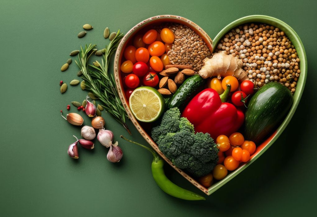 Herzförmige Schale gefüllt mit Gemüse, Linsen, Nüssen und Hülsenfrüchten auf grünem Hintergrund