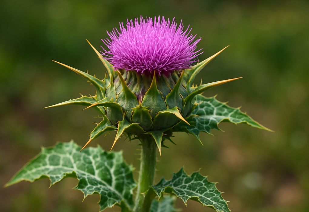 Nahaufnahme einer lila blühenden Mariendistel auf grünem Hintergrund