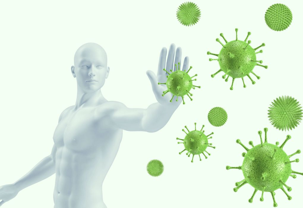 Illustration eines Menschen, der mit erhobener Hand grüne Viren abwehrt