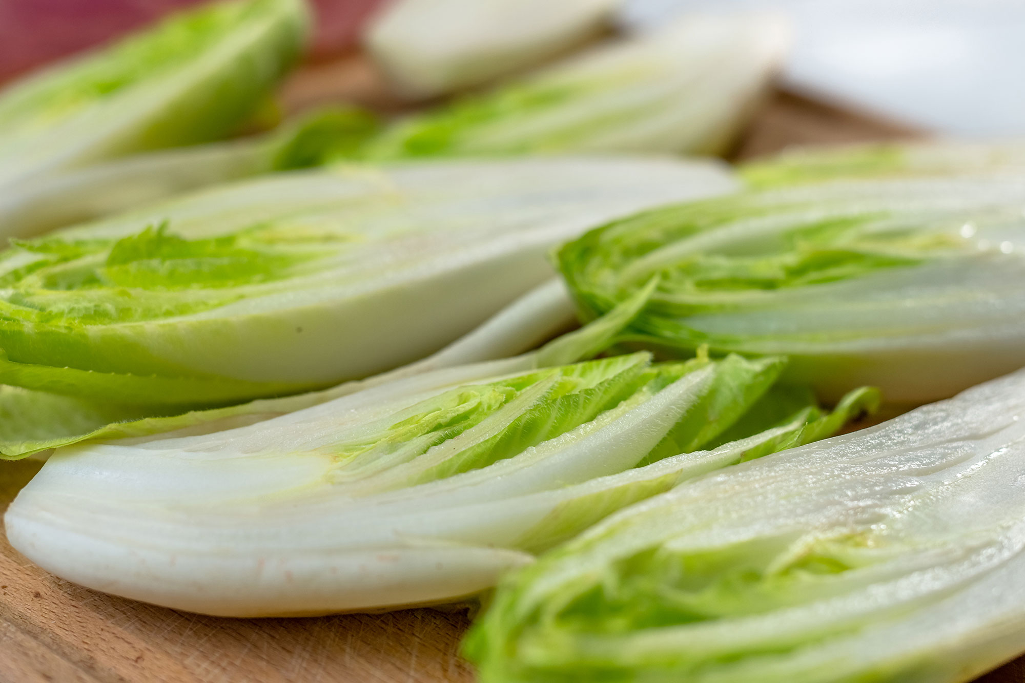 Frische Chicorée-Stauden auf einem Holztisc