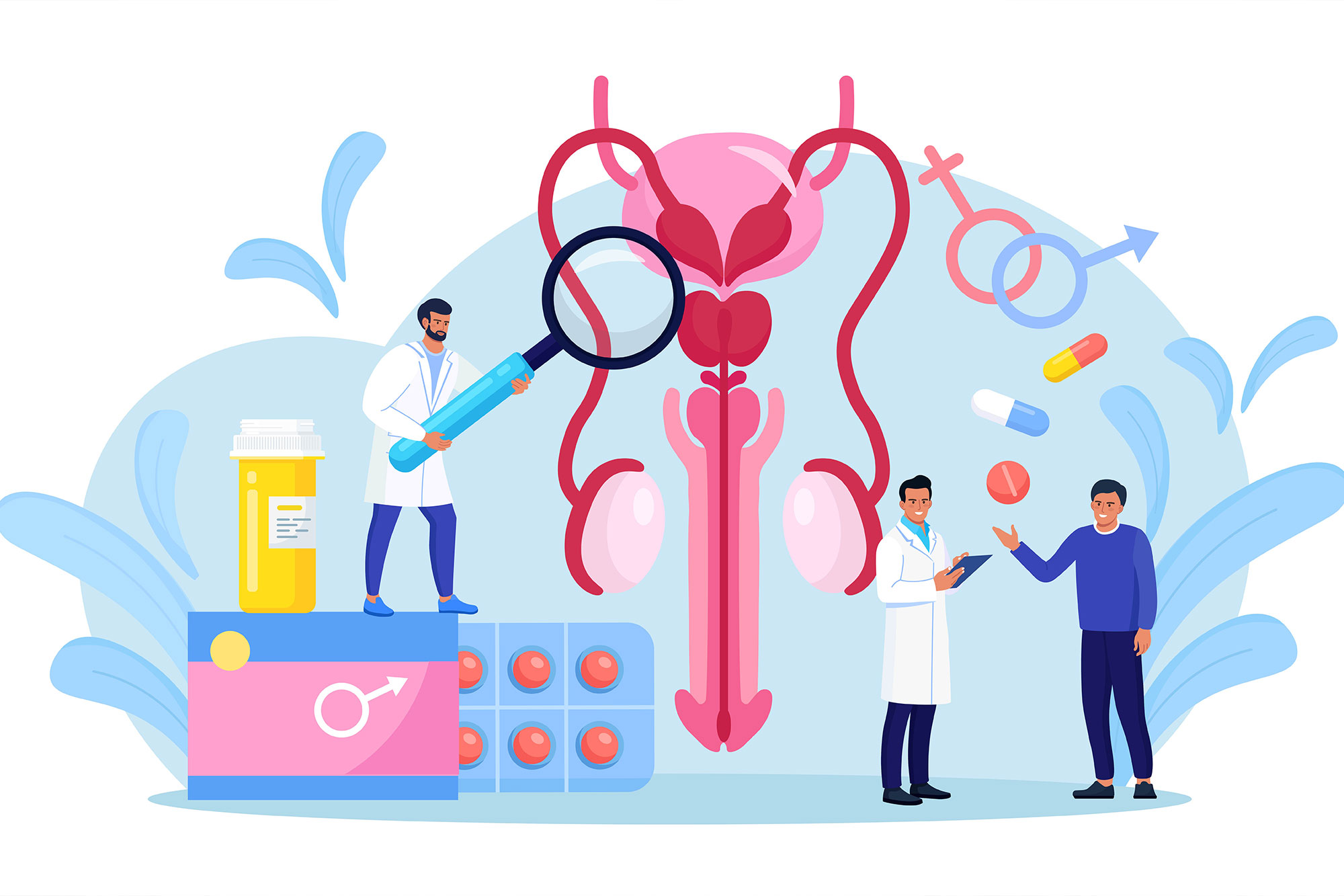 Wissenschaftliche Illustration von Forschenden mit riesiger DNA-Schleife und Laborgeräten