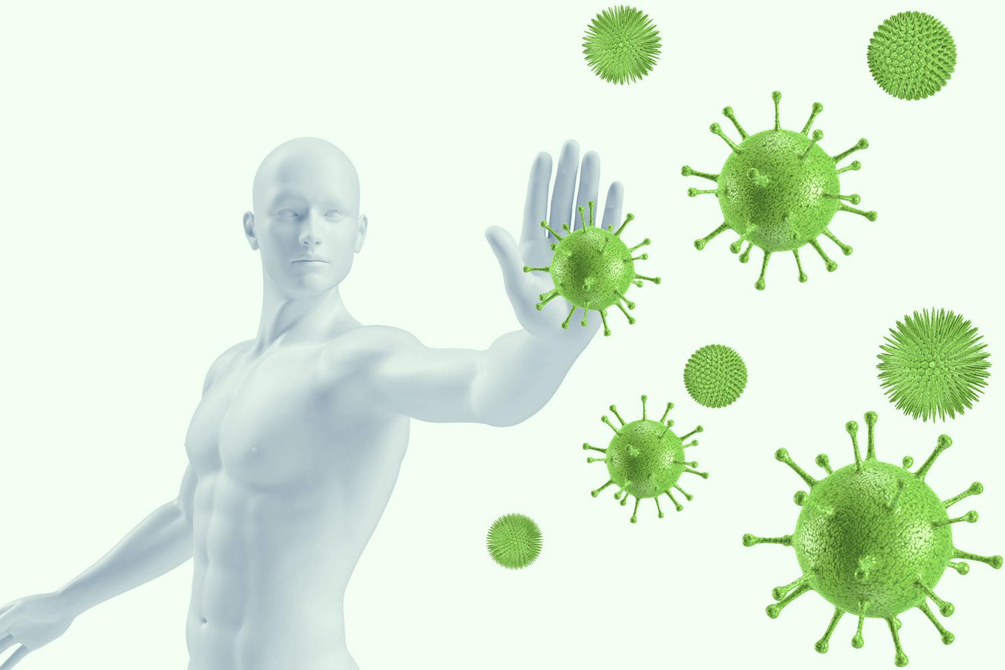 Illustration eines Menschen, der mit erhobener Hand grüne Viren abwehrt