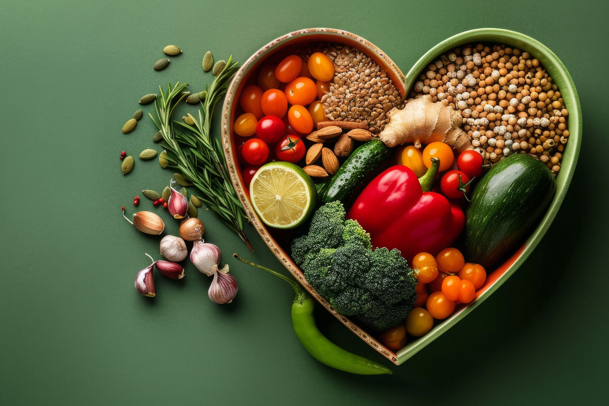 Herzförmige Schale gefüllt mit Gemüse, Linsen, Nüssen und Hülsenfrüchten auf grünem Hintergrund