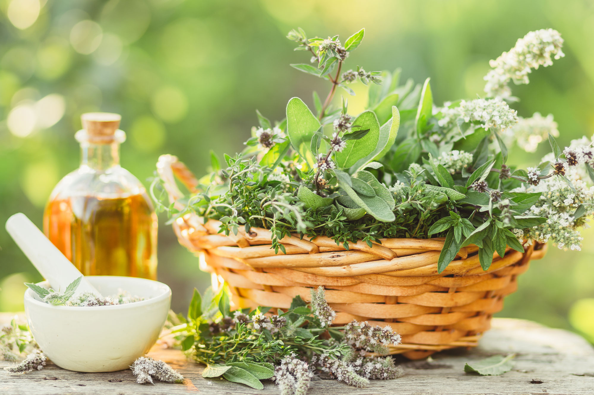 Korb gefüllt mit frischen Heilkräutern, daneben Flasche mit Kräuteröl im Garten