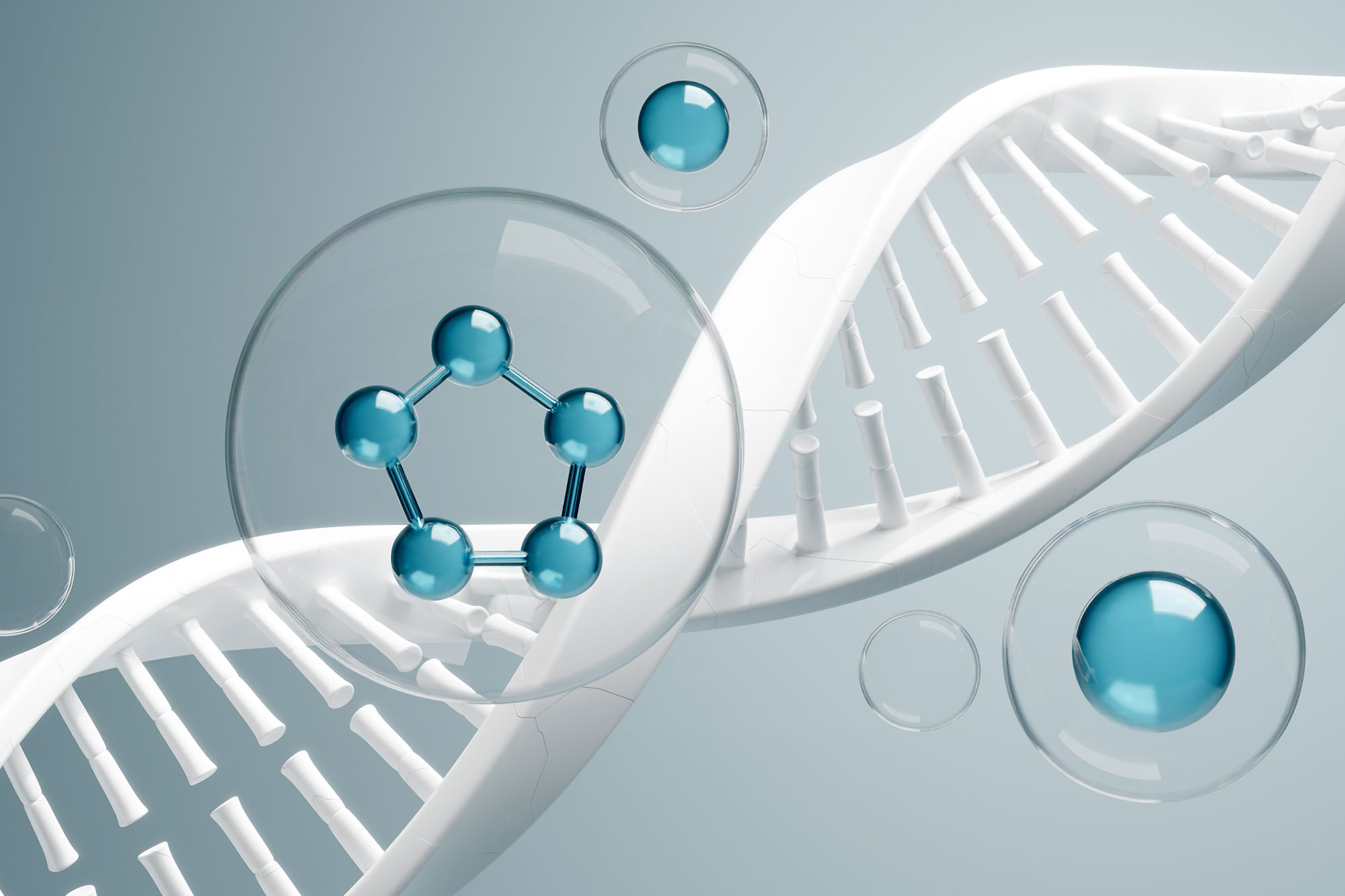 Illustration von DNA-Strang und Molekülstrukturen