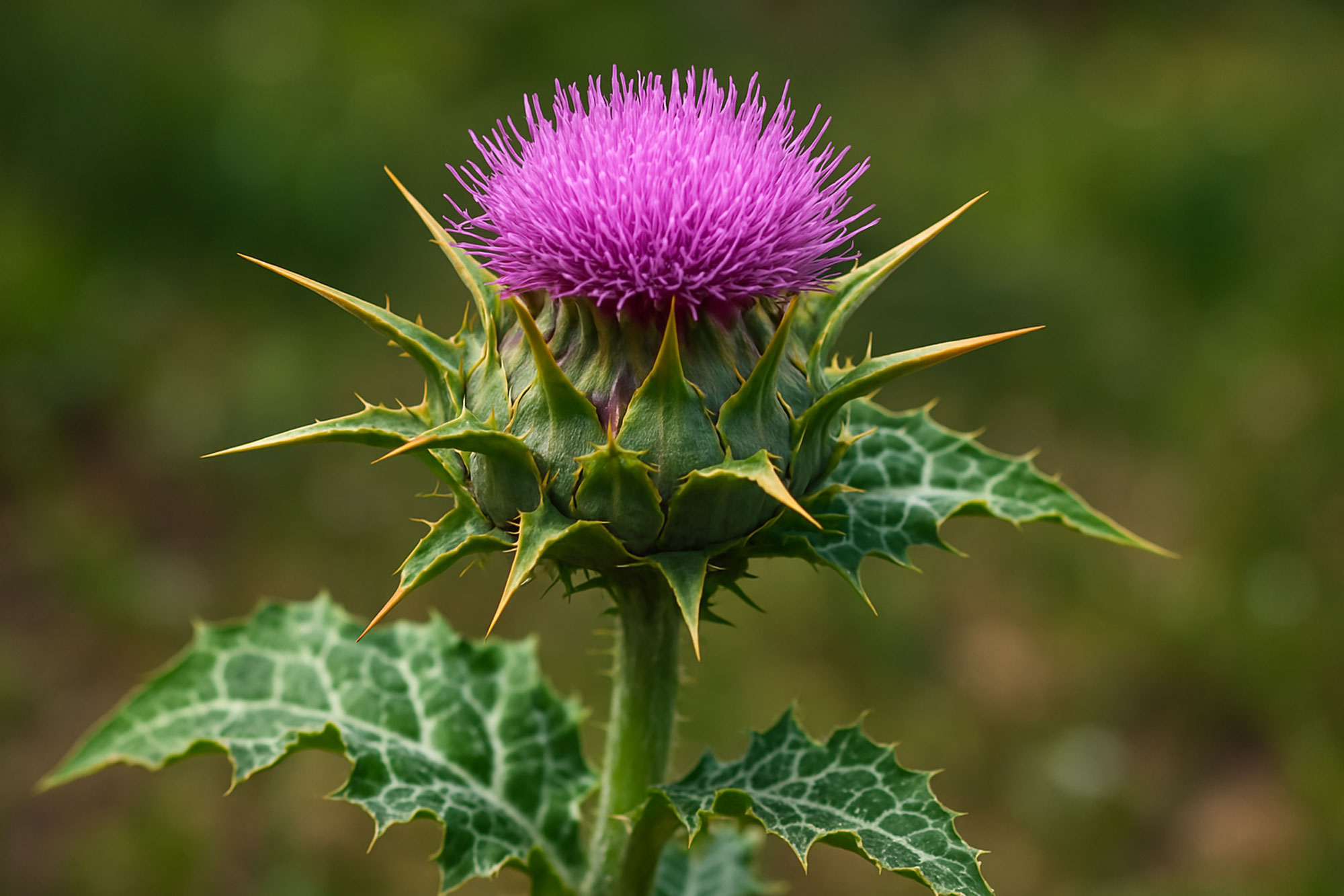 Nahaufnahme einer lila blühenden Mariendistel auf grünem Hintergrund