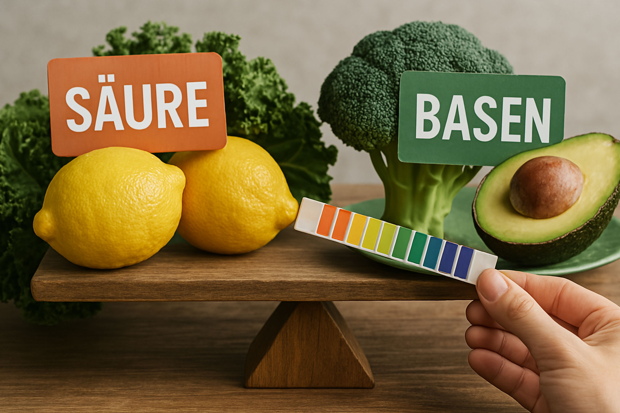 Lebensmittel wie Zitrone, Brokkoli und Avocado auf einer Waage mit Schildern „Säure“ und „Basen“