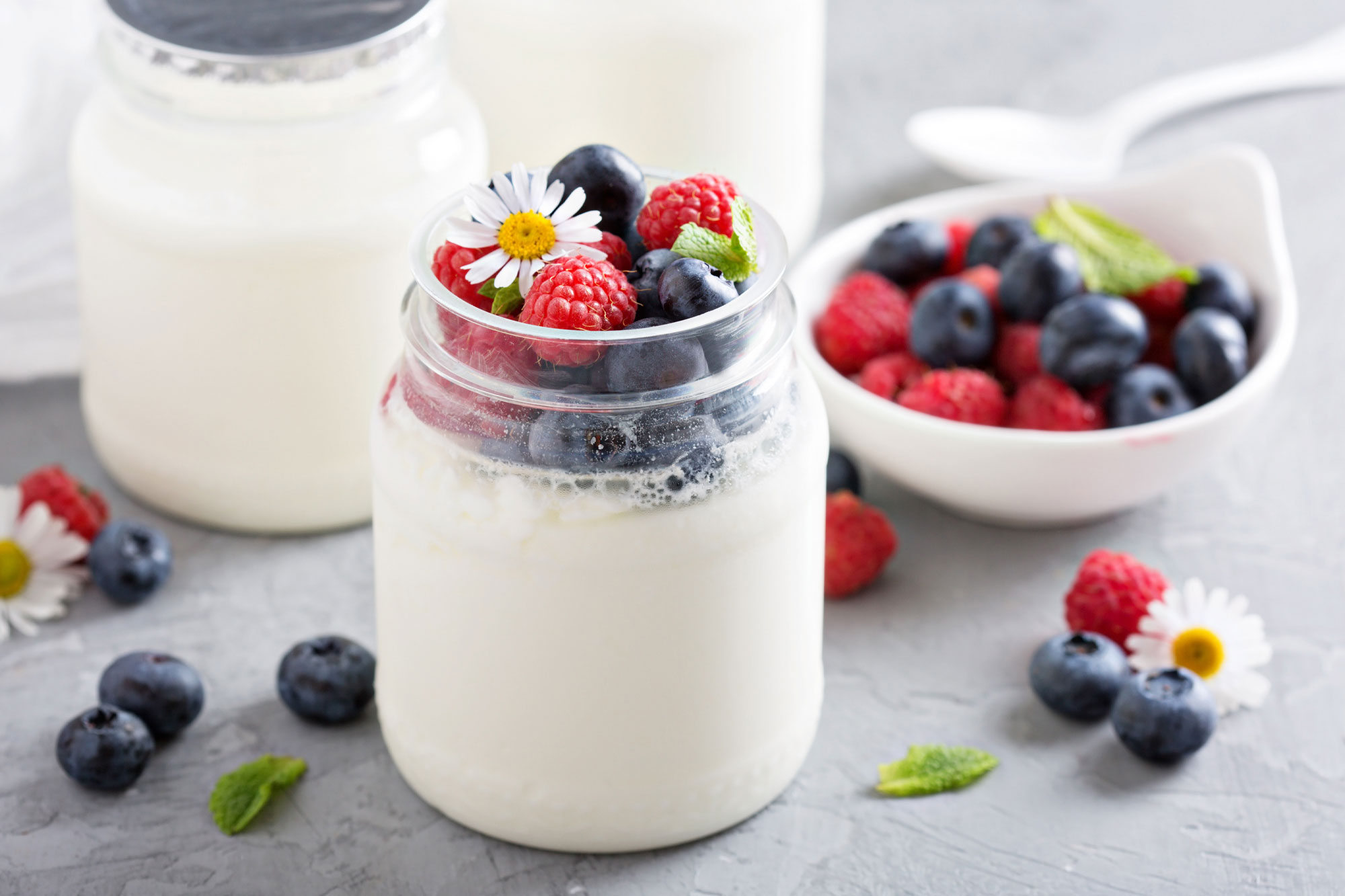 Gläser mit Joghurt und frischen Beeren als natürliche Probiotika