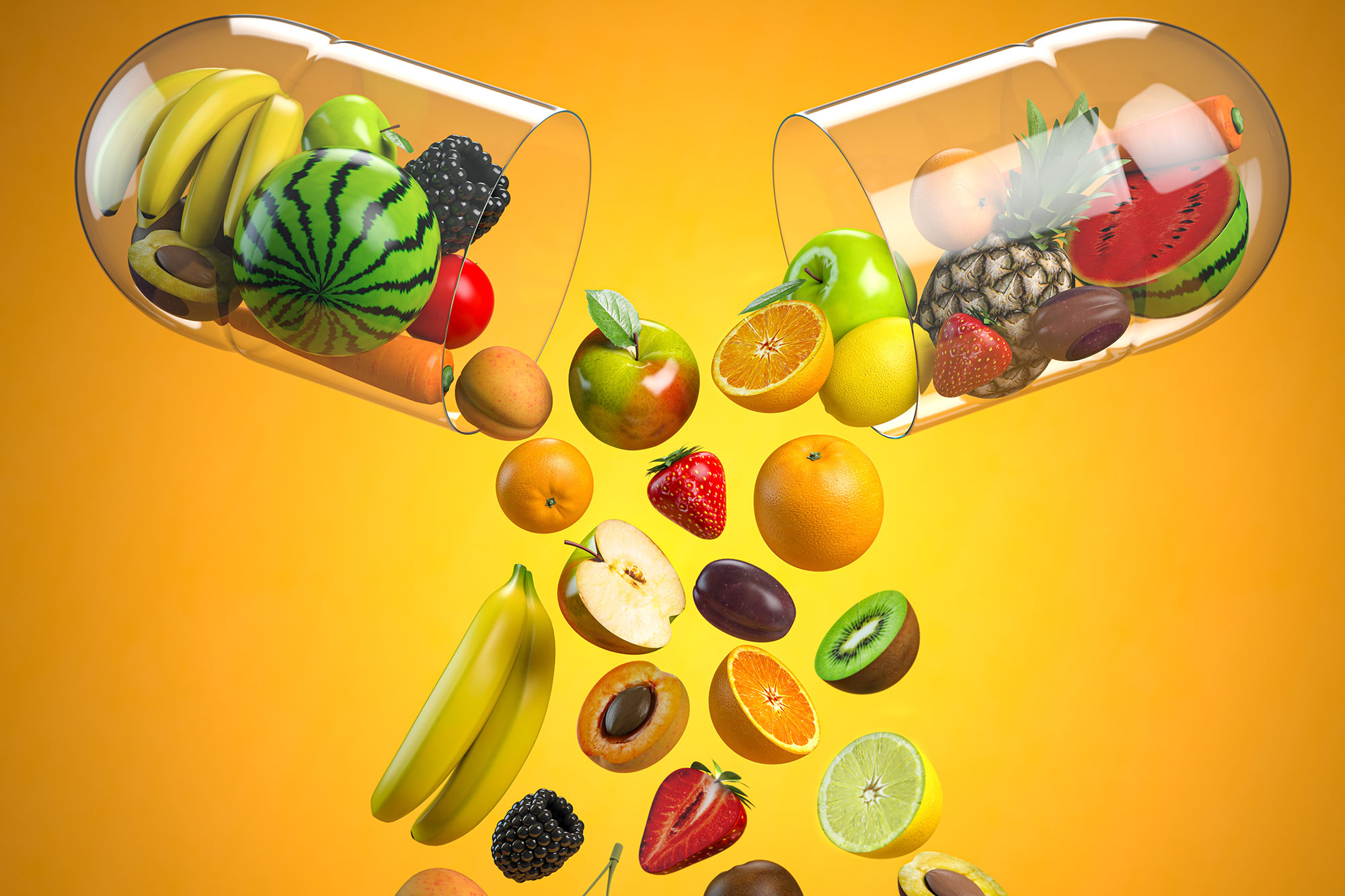 Aufgebrochene Kapsel, aus der Früchte und Nährstoffe auf gelbem Hintergrund herausfallen