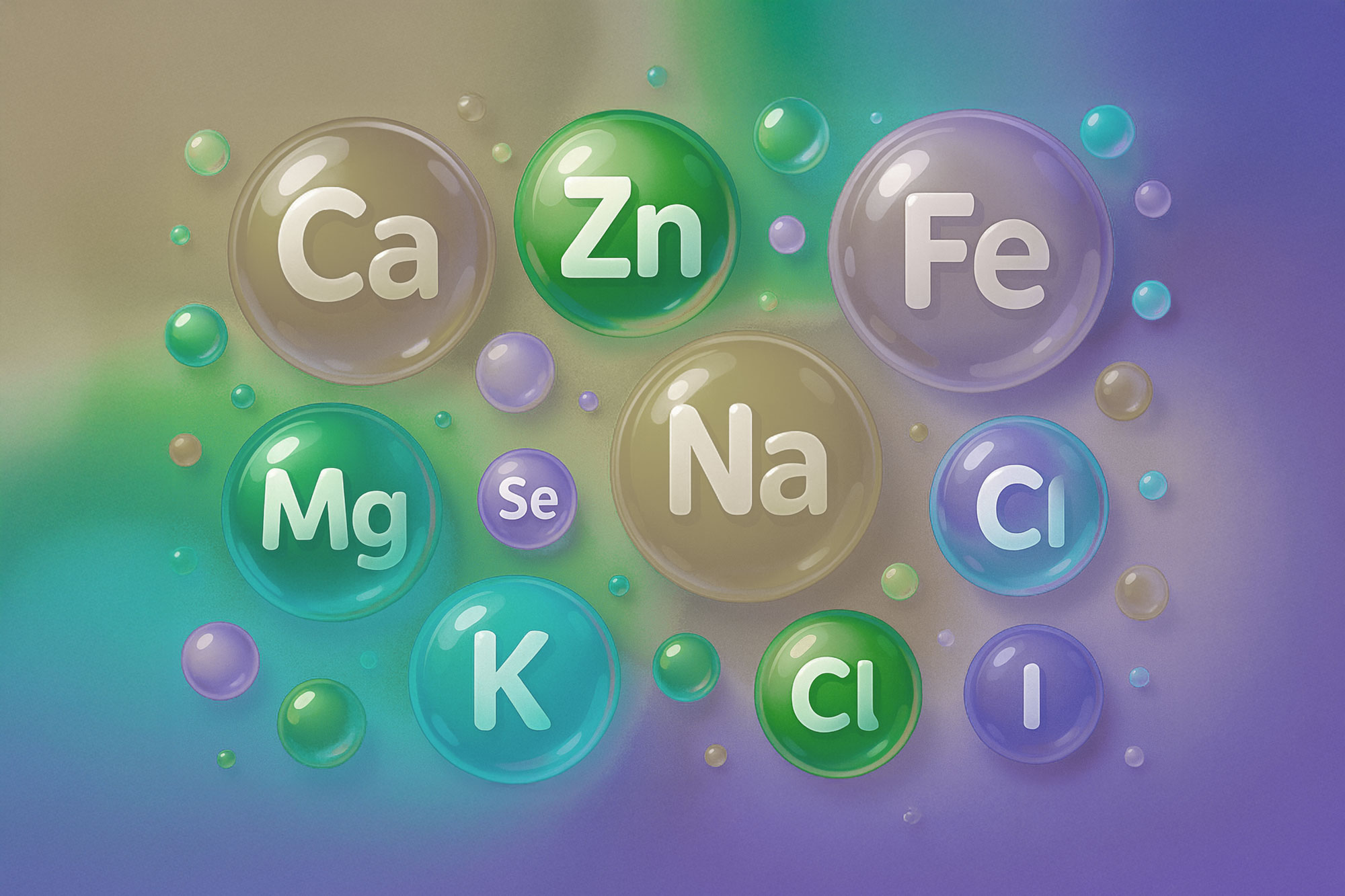 Grafische Darstellung von Element-Symbolen wie Zn, Fe und Mg auf farbigem Hintergrund.