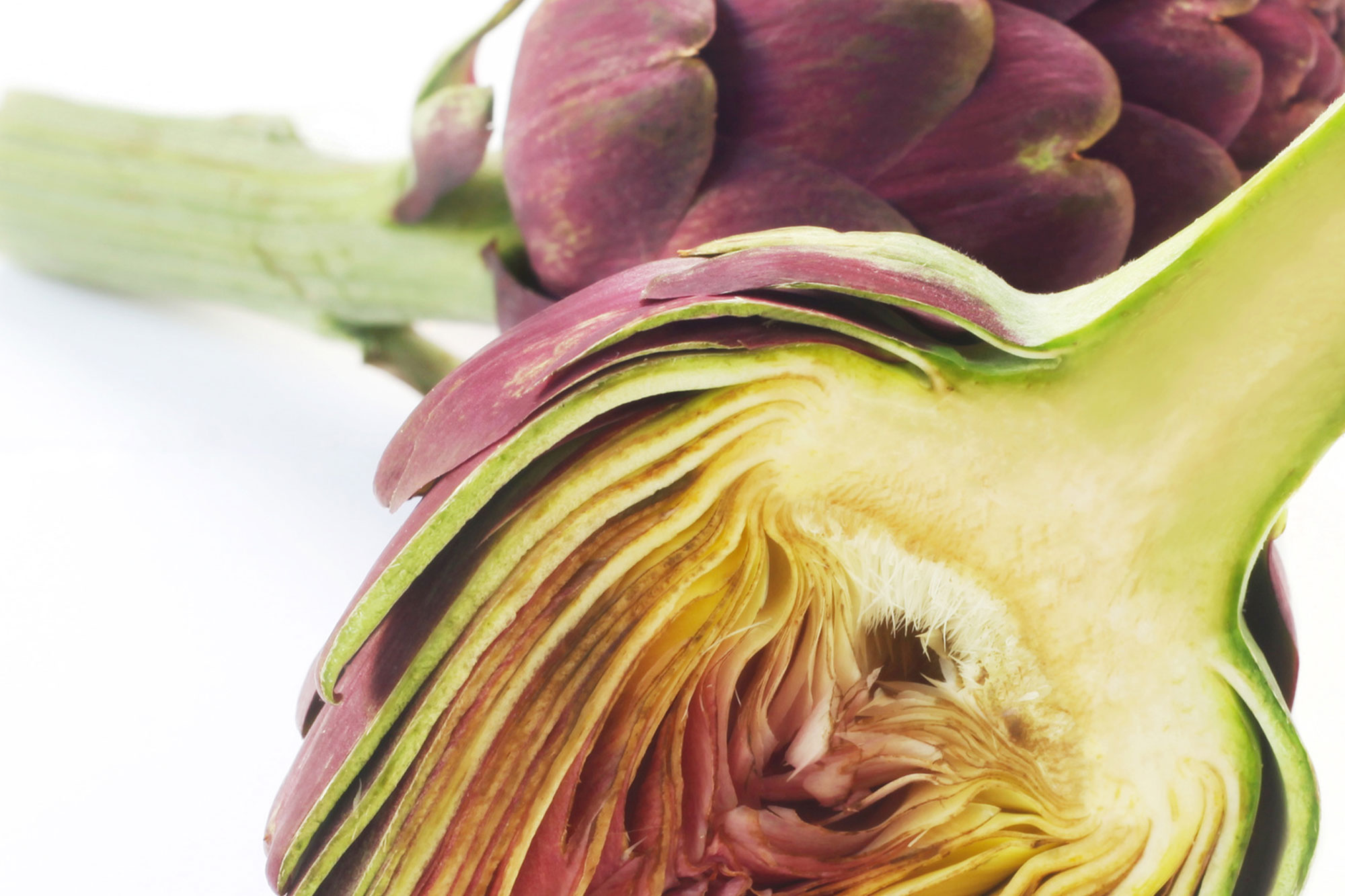 Nahaufnahme einer aufgeschnittenen Artischocke mit grünen und violetten Blättern.