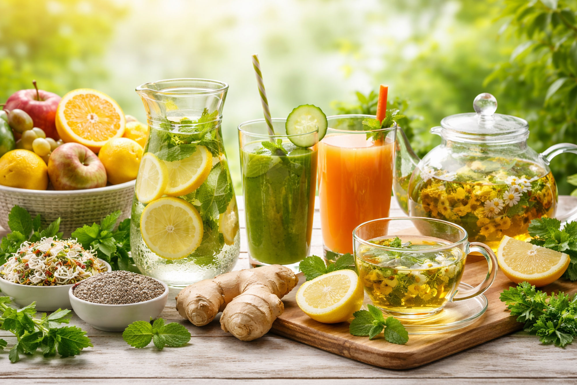 Gläser mit Saft und Teller mit Obst und Gemüse auf einem Tisch im Freien.