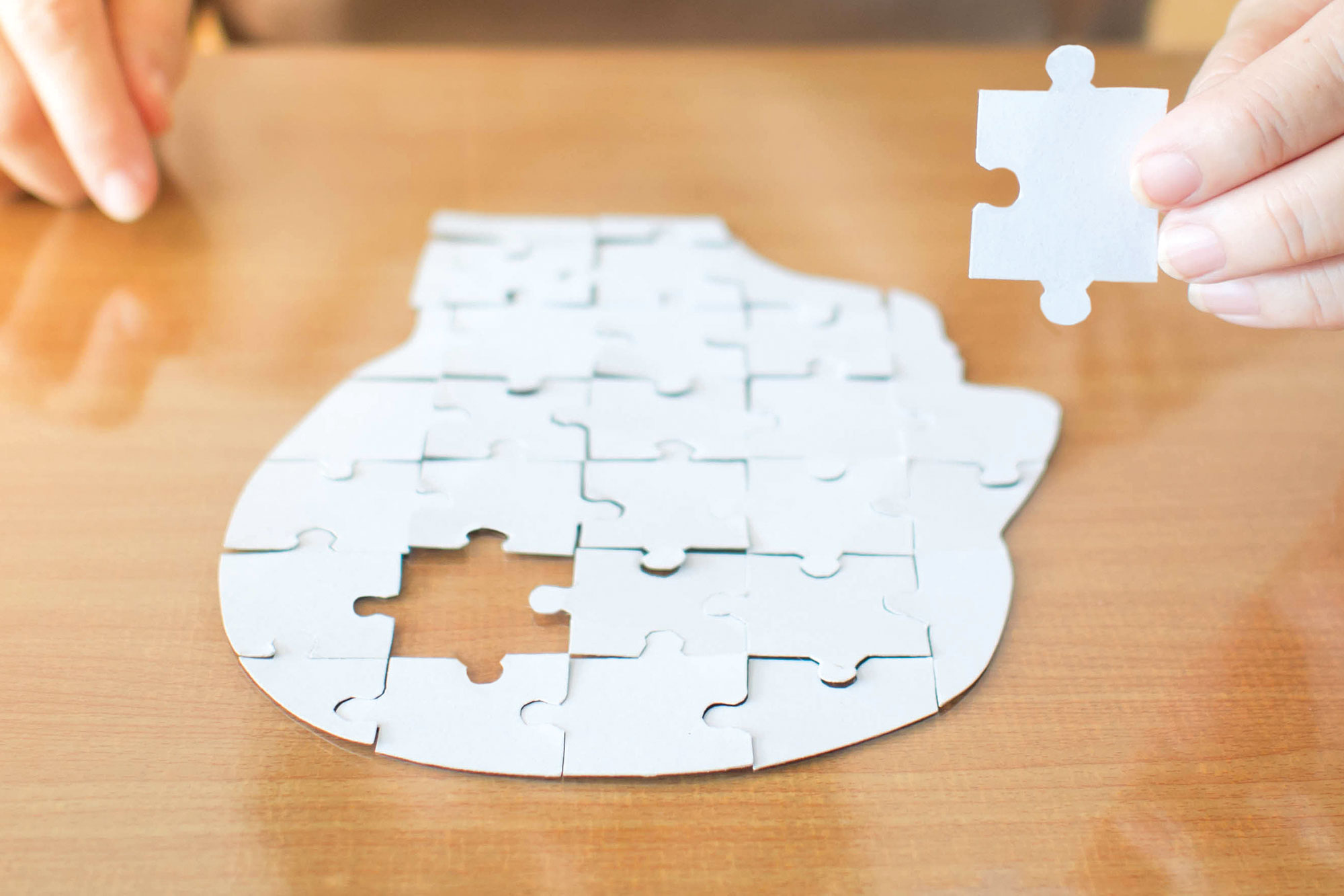 Puzzleteile formen ein Gehirn, ein Teil wird von Hand eingesetzt.
